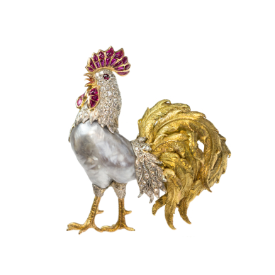 rooster brooch with baroque pearl